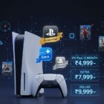 PlayStation Plus price in India 2026 showing PS Plus 12 month, Extra and Deluxe subscription plans with PS5 console