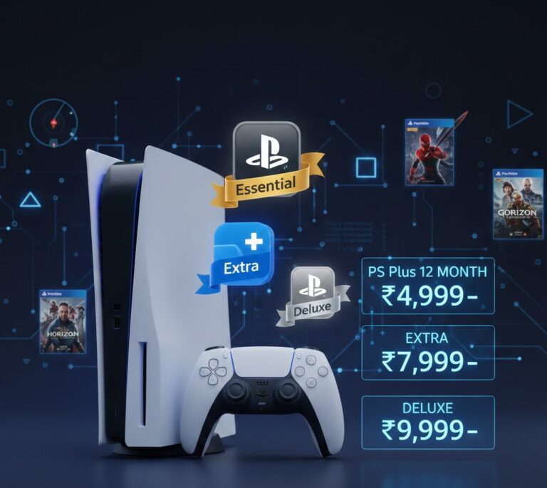 PlayStation Plus price in India 2026 showing PS Plus 12 month, Extra and Deluxe subscription plans with PS5 console