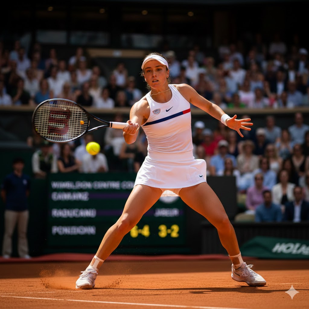 Emma Raducanu playing a powerful forehand shot during a professional tennis match