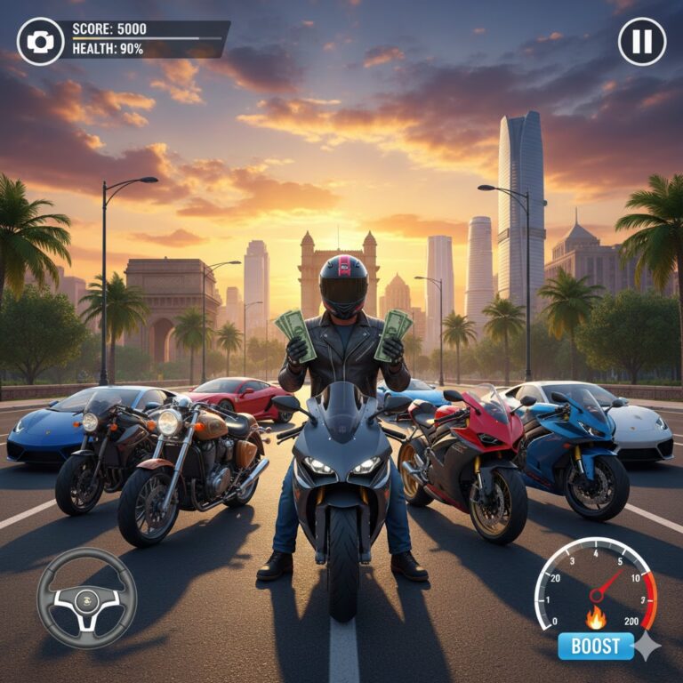 Indian Bike Driving 3D गेम में शहर की सड़क पर बाइक चलाते हुए राइडर का 3D सीन