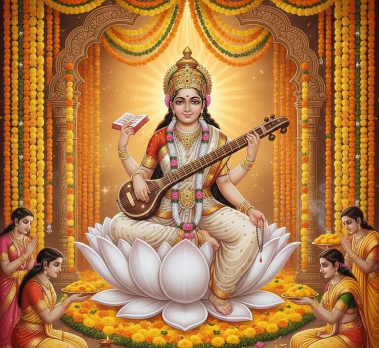Vasant Panchami 2026 Saraswati Puja image with Goddess Saraswati, yellow flowers and traditional decoration