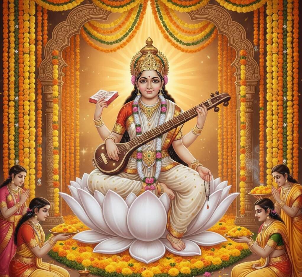 Vasant Panchami 2026 Saraswati Puja image with Goddess Saraswati, yellow flowers and traditional decoration