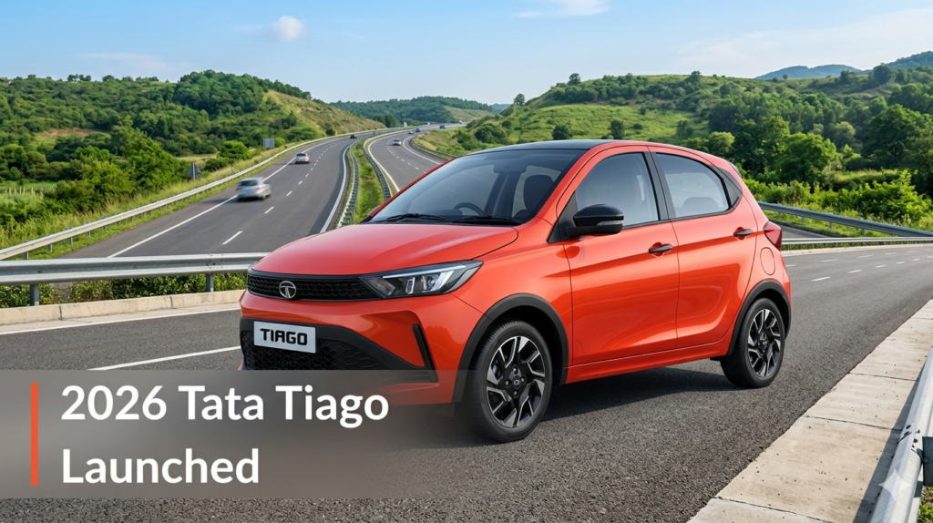 Tata Tiago facelift 2026 front view with new grille, LED DRLs and updated design in India