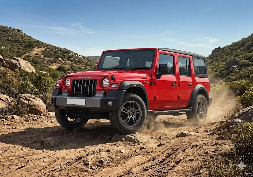 Text: Mahindra Thar Roxx MX1 2026 5-door SUV parked outdoors showing rugged design and family-friendly practicality